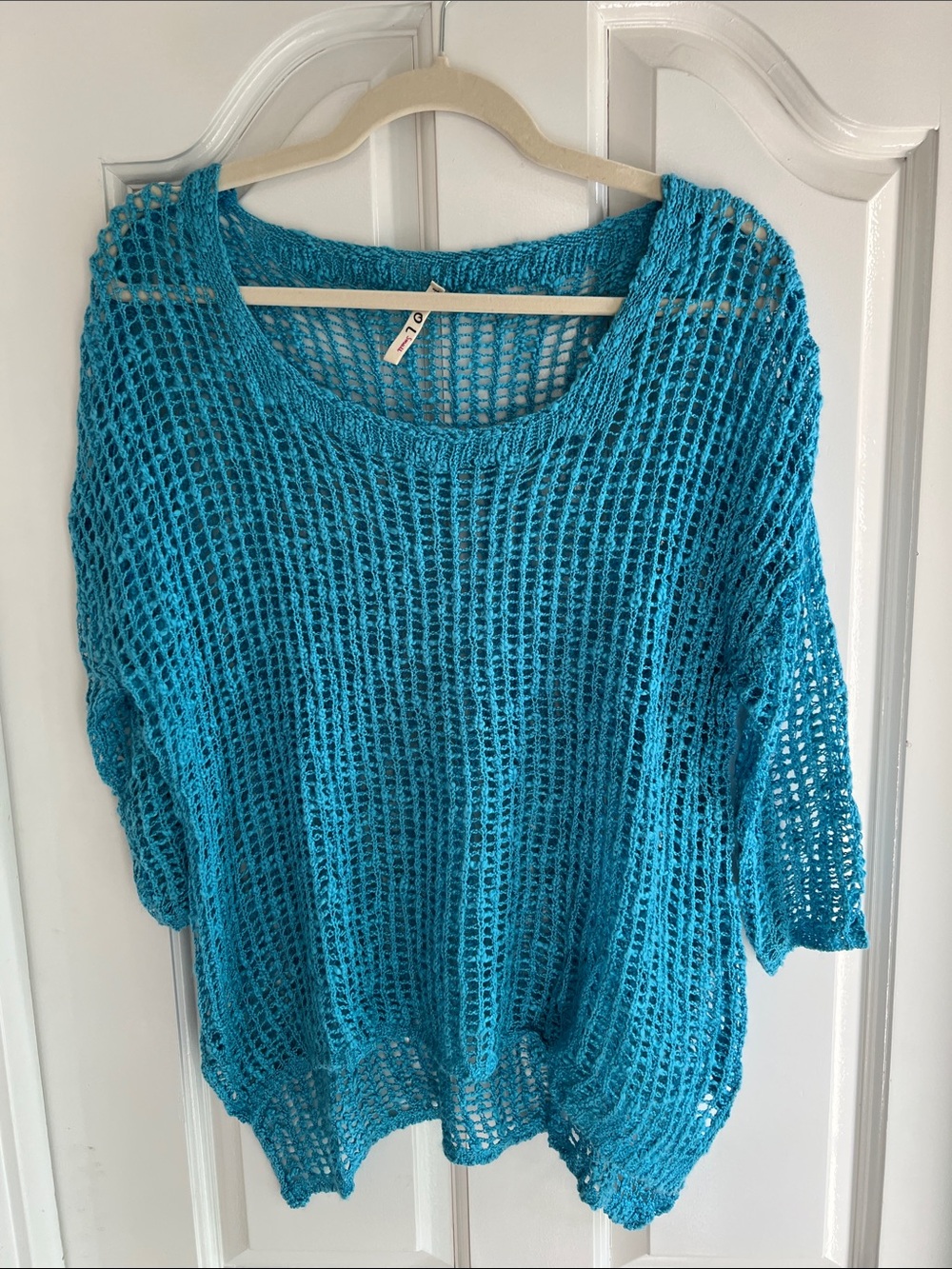 POL Open-Knit Turquoise Crew Neck Sweater
